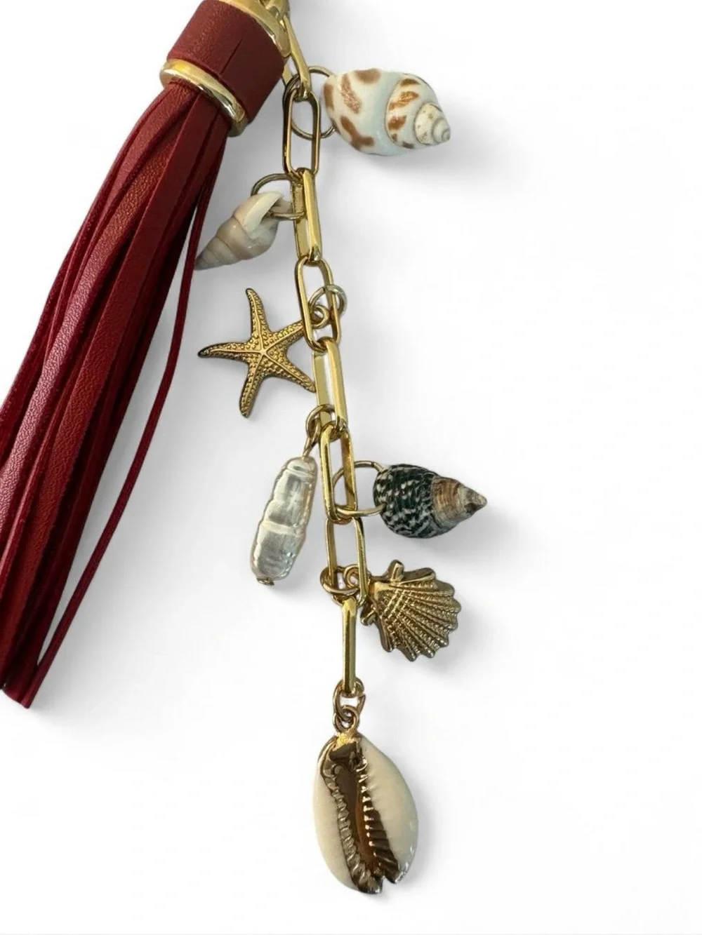 Seashell Bag Charm with Red and Gold Tassel